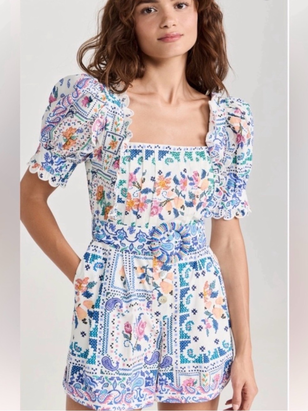 FARM Rio White Floral Patchwork Square-Neck Puff Sleeve Top
